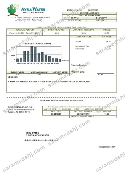 USA Arizona Avra Water utility bill template in Word and PDF format